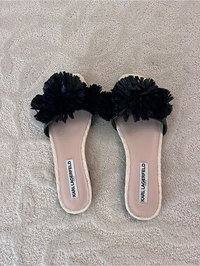 Karl Lagerfeld Black Pom-Pom Slide Mules with Blush Insole